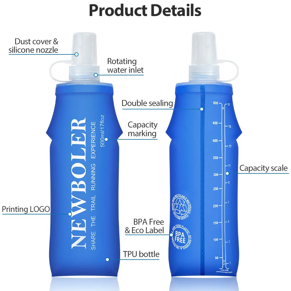 NEWBOLER 250 ml 500 ml Wasserflasche, TPU, faltbar, weiche Flasche, Sport-Wasserflasche, Wasserbeutel, zusammenklappbare Wasserflasche, Laufen, Camping – Detail 9