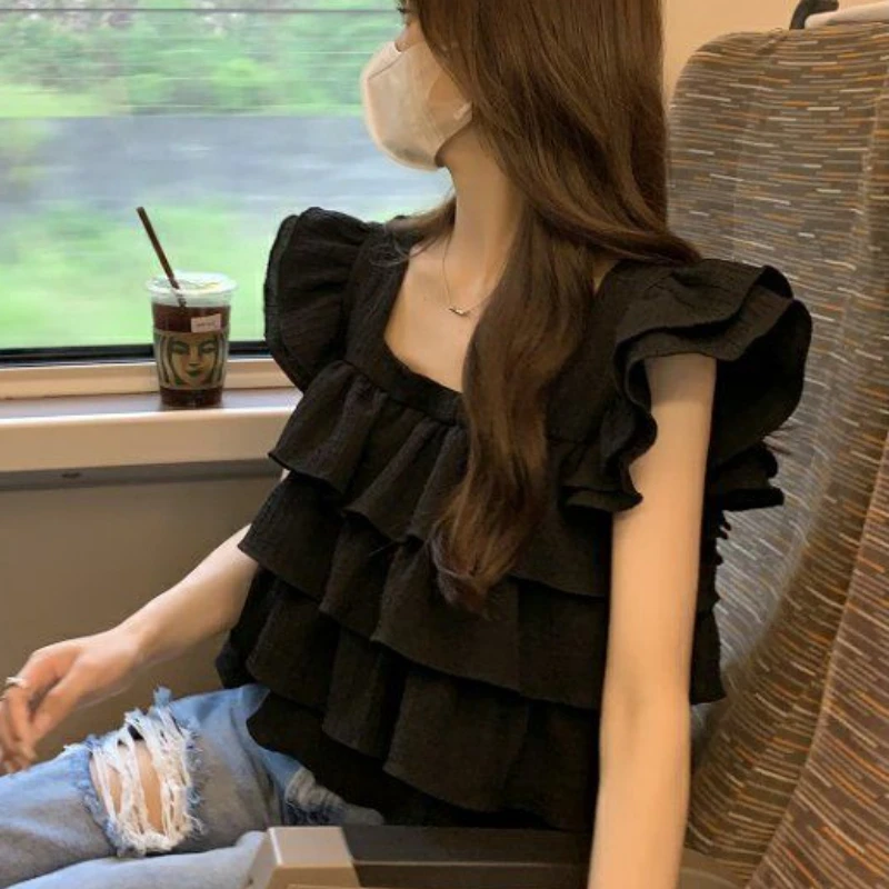 Black Ruffles Blouses Women Kawaii Vintage Flying Sleeve Korean Style Personality Girlish Harajuku Streetwear Daily Summer Tops