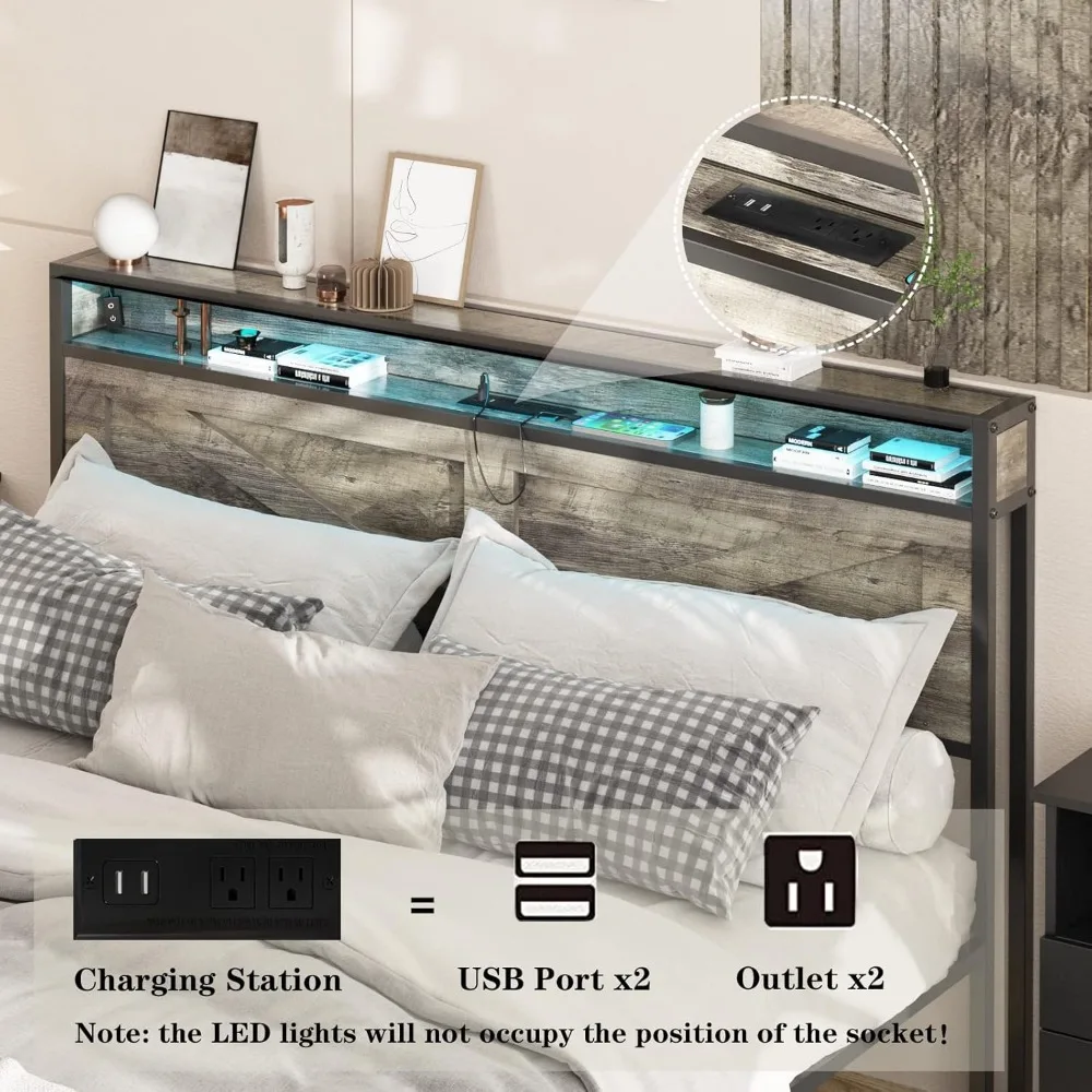 LED Queen Size Bed Frame with Charging Station, Platform Metal Headboard Storage & USB Ports Outlets, Farmhouse Lights image 4