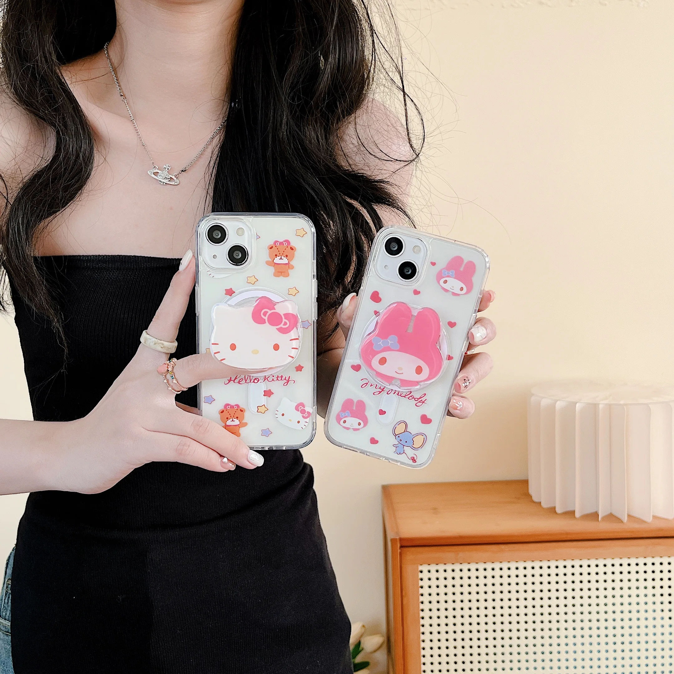 Melody Hello Kitty Purin Kuromi Magnetic Bracket Magsafe Wireless Charge Phone Case For iPhone 15 14 13 12 11 Pro Max Cover