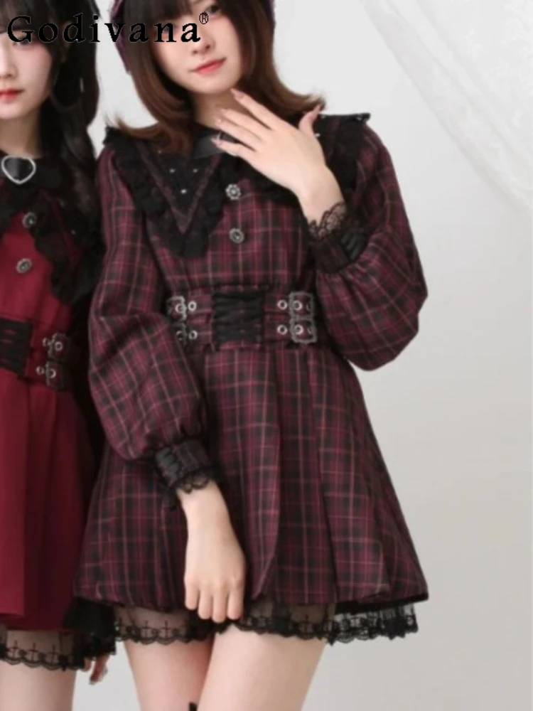 

Japanese Lolita Sweet Cute Rivet Navy Collar Dress 2025 Summer Girls New Lace Lace-up High Waist Long Sleeve Short Dresses