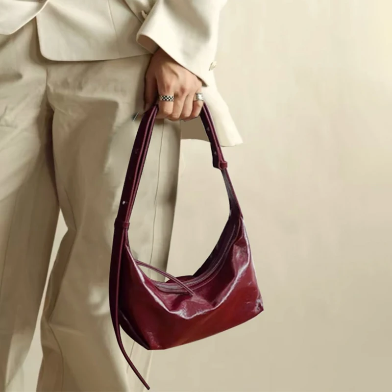 Burgundy Genuine Cowhide Leather Underarm Bag for Women Luxury Designer Oil Wax Leather Dumpling Bags Small Crossbody Hobos Bag