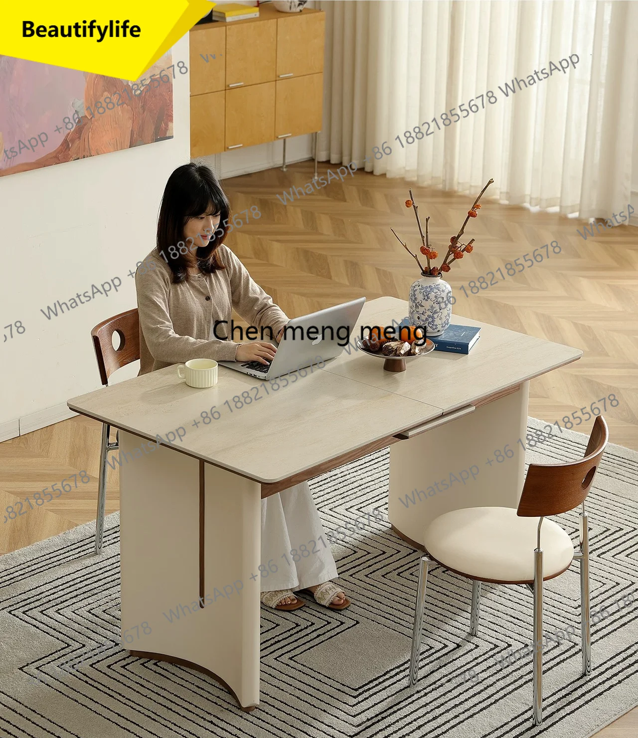 

a55 Slate dining table retractable, new small household medieval cream style rectangular dining table