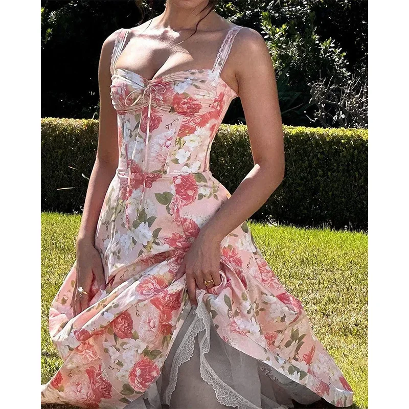 

204 Summer Fashion Sexy Backless Floral Pastoral Resort Style Slim Suspender Dress Elegant Sexy Party Dress Club Clothing