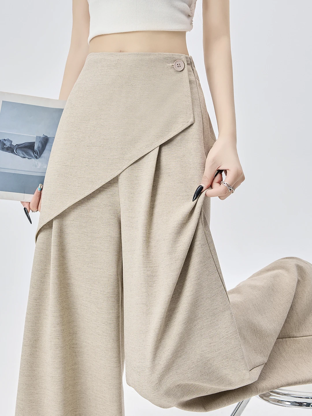 

High Waist Asymmetric Casual Straight Leg Pants Women's Summer New Wide Leg Long Pants Polyester Fiber High Waist Zipper