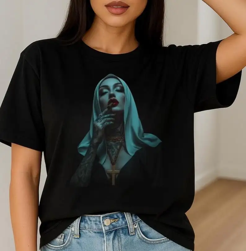 

Pray for Me Tattoo Nun Graphic T Shirts Woman Man Edgy Gothic Aesthetic Fashion Casual Cotton T Shirt Streetwear Tops Tee