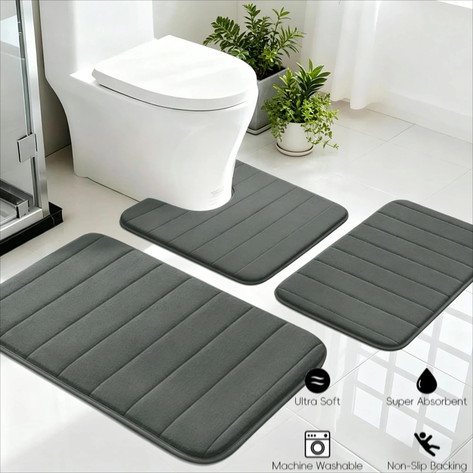 Memory Foam Bath Mat Set 3 Piece Thick Extra Soft Bathroom Non-Slip Rugs Super Water Absorbent Machine-Washable Toilet Floor Mat