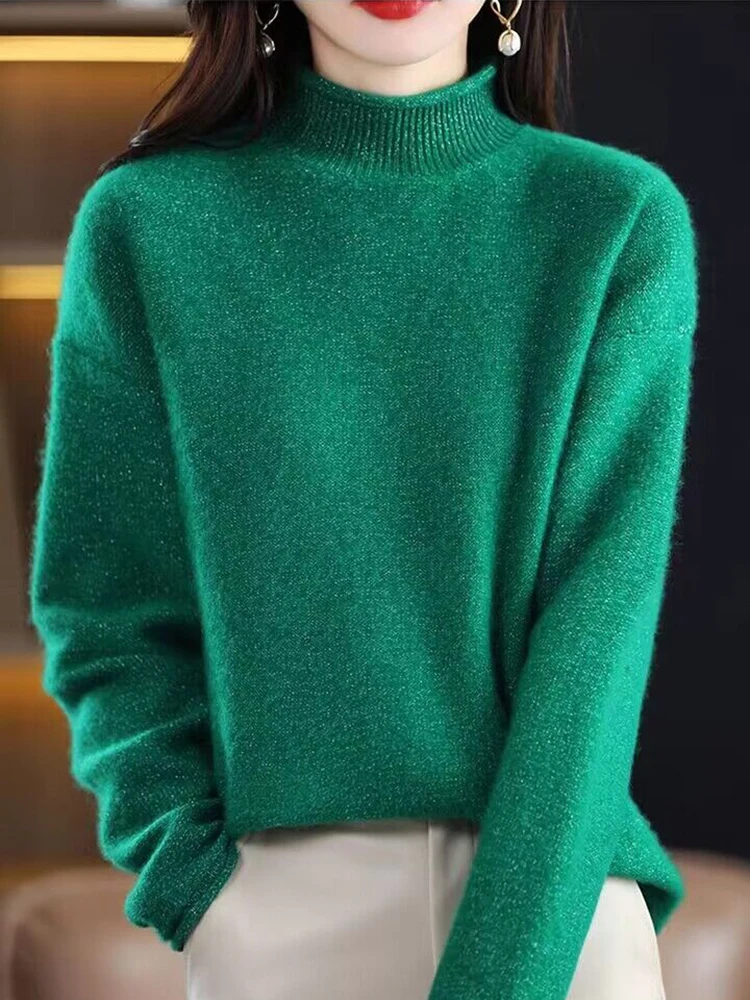 Autumn Winter New Woolen Sweater Women Half High Collar Jumpers Solid Warm Cashmere Woman Sweater Casual Knitted Basic Pullovers