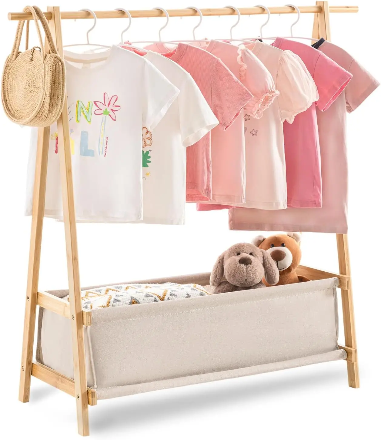 

Kids Clothing Rack with Storage Box, Bamboo Dress Up Rack for Hanging Clothes Organizer
