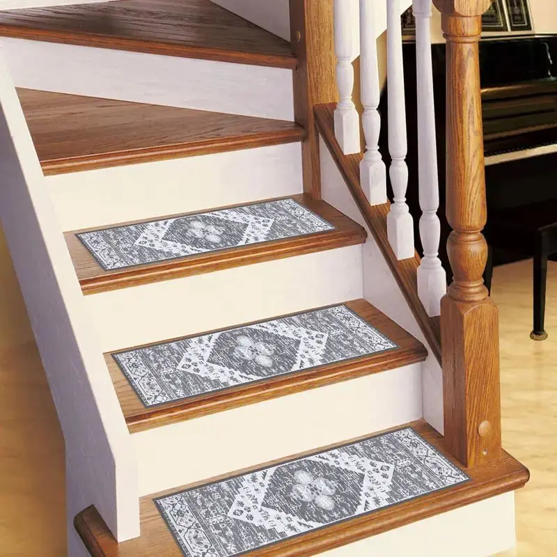 VIKAMA Vintage Floral Gray Crystal Velvet Stair Runner for Wood Steps Anti Skid Cozy Aesthetic Plush Cushion Home Decor