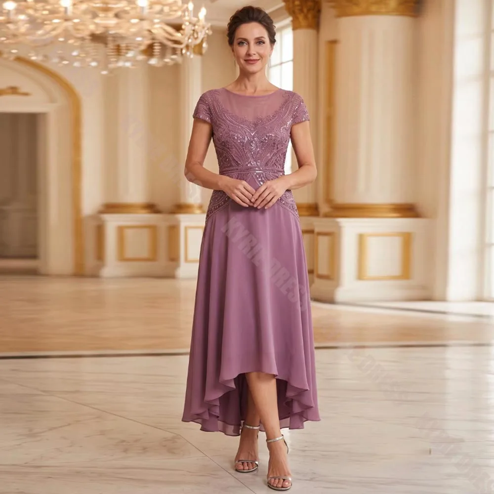 Customized Mother of The Bride Dresses Boat Neck Short Sleeves Lace Sequined Chiffon Hi-Lo for Wedding Guest Dress Evening Gown
