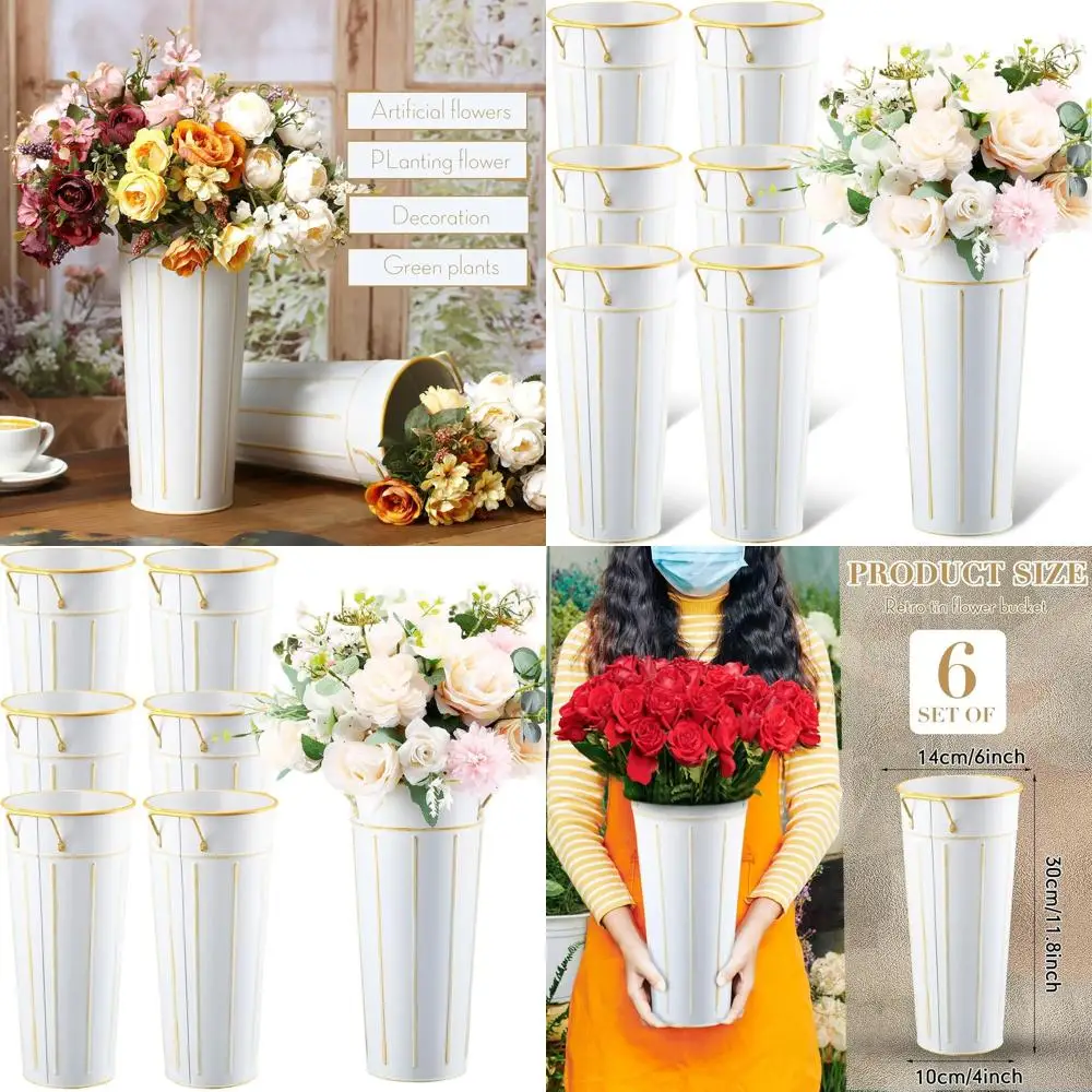 

11.8 Galvanized Metal Vase Set of 6 with Handle, Rustic Decor for Flowers, Farmhouse Style, Wedding Centerpiece (White)