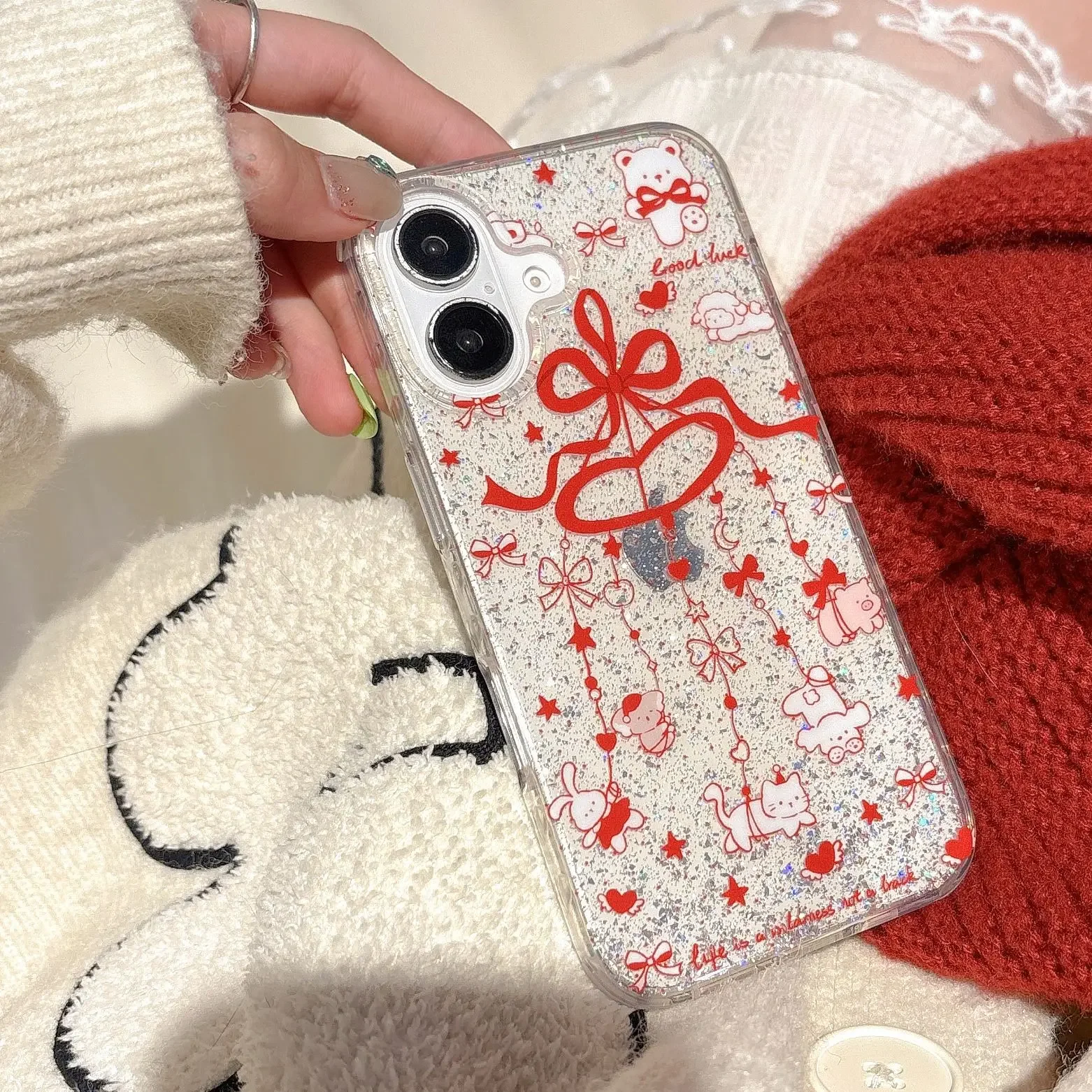 바람 종소리 동물 빨간색 활 넥타이 아트 반짝이 투명 전화 케이스, 아이폰 16 15 14 13 프로 맥스 케이스, 귀여운 럭셔리 만화 커버