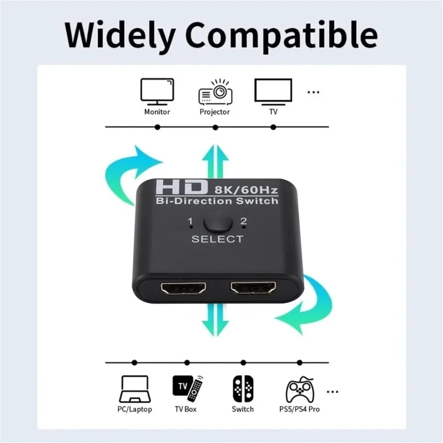 HDMI-Compatible Switch Splitter 8K 60Hz Bi-Direction 1x2/2x1 HDMI-Compatible Switcher 2 In1 Out for PS4 TV Box Switcher Adapter