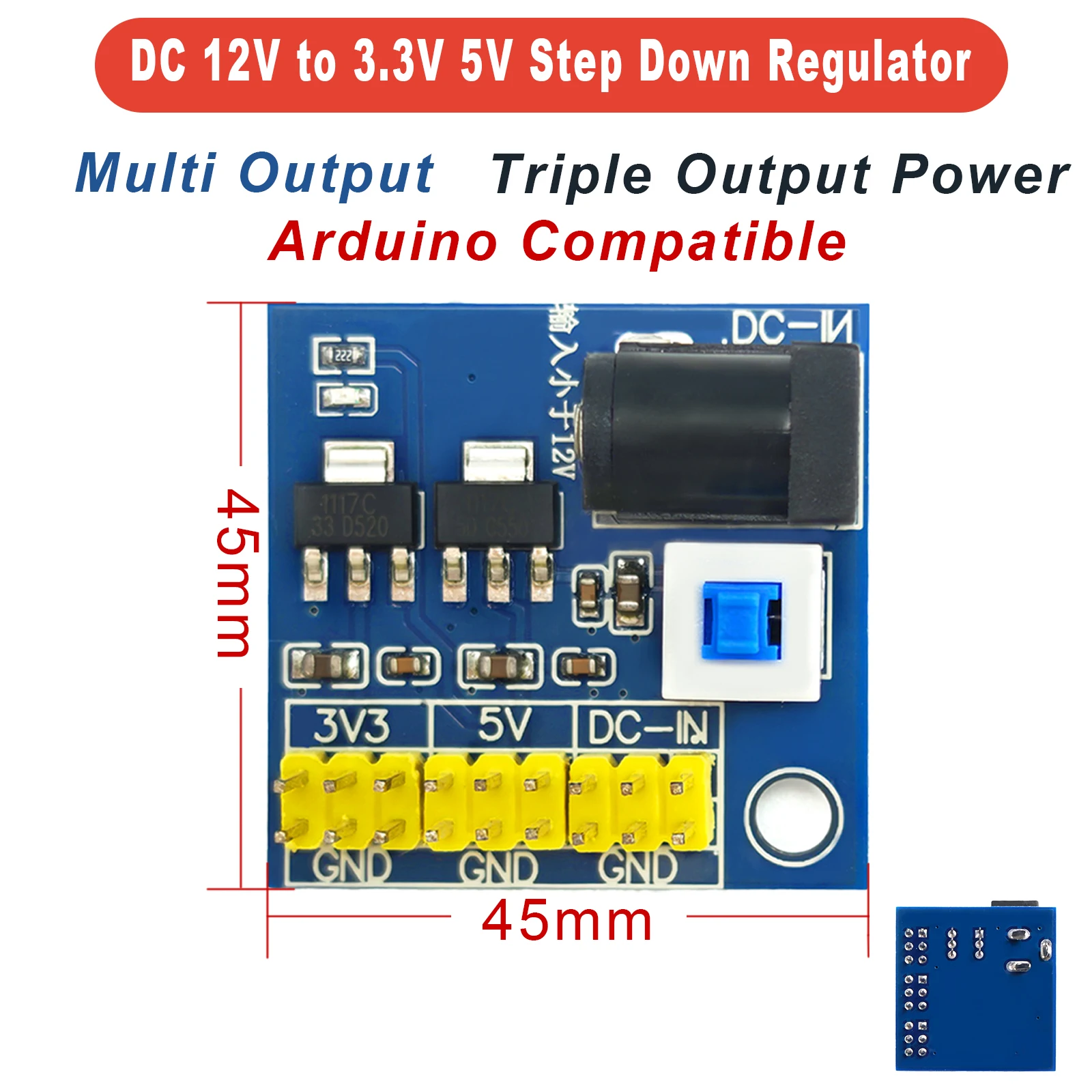 12V to 3.3V 5V Multi Output Voltage Module DC Step Down Buck Regulator Triple Power Supply for Arduino DIY 12V Passthrough Board