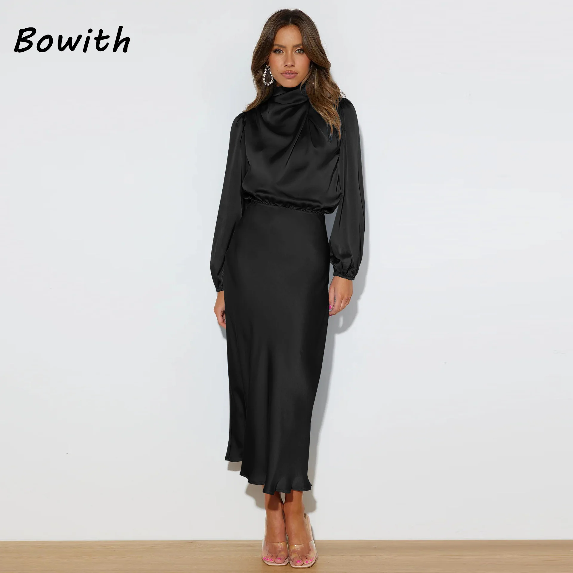 

Bowith Wedding Party Dress Elegant Long Sleeved V-neck Formal High Collar Dresses for Women Gown Prom Cocktail Dress 2024New