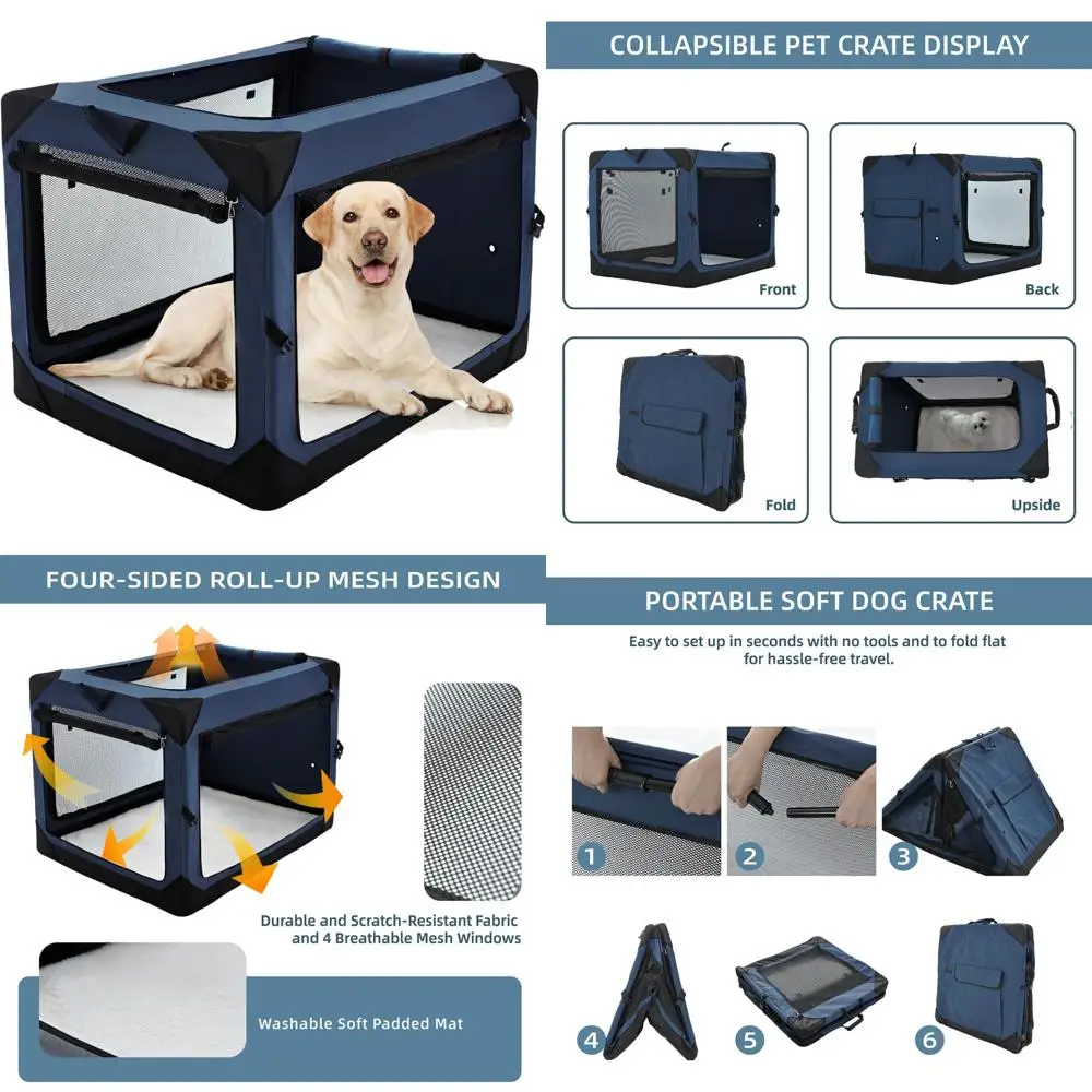 

42-Inch Foldable Soft-Sided Dog Crate for Large Breeds with Four-Door Access and Chew-Resistant Mesh Windows for Indoor Use