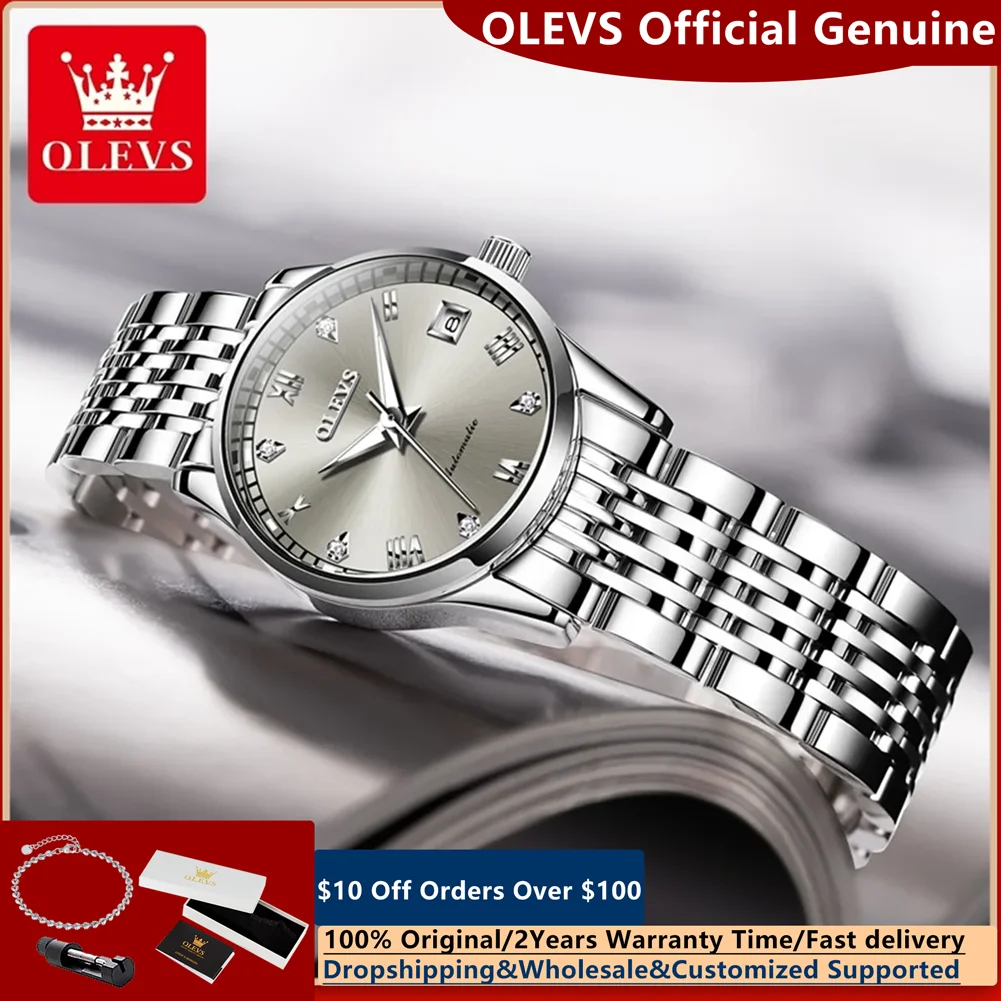 

OLEVS 6602, роскошные оригинальные автоматические женские часы из нержавеющей стали с автоматической датой, водонепроницаемые, с бриллиантовым циферблатом, женские деловые наручные часы