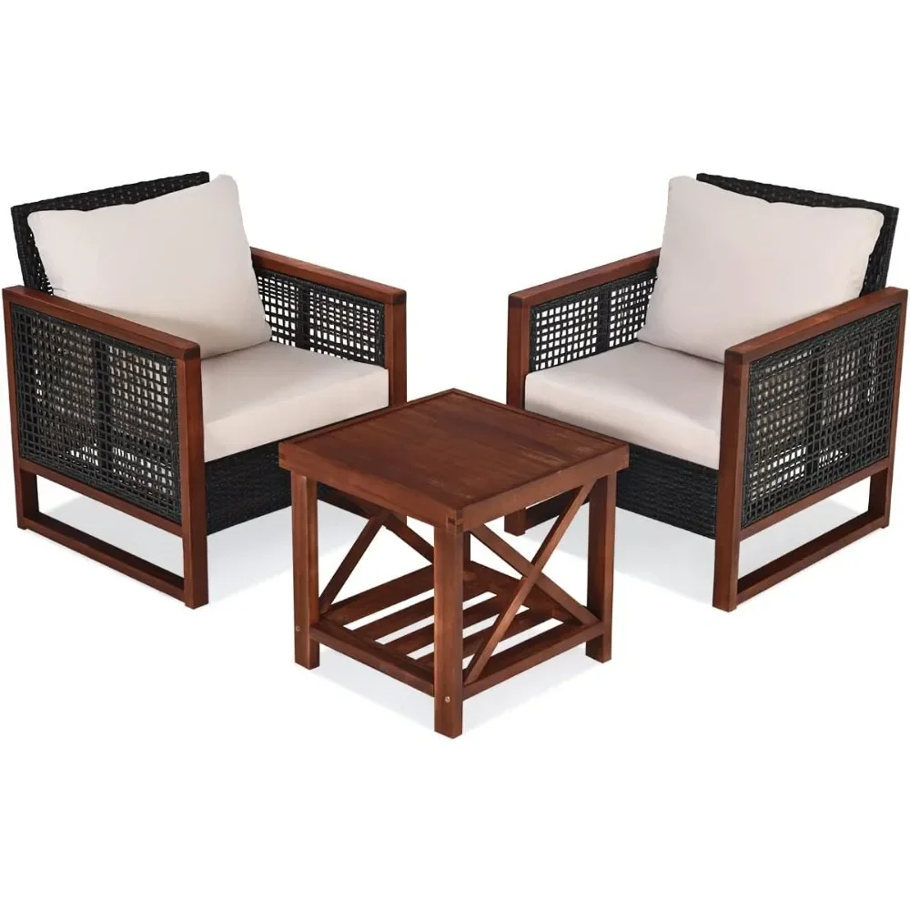 3 Pieces Outdoor Patio Furniture Set Wicker Chairs with Coffee Table, Balcony Porch Furniture Wood Frame and Washable Cushions