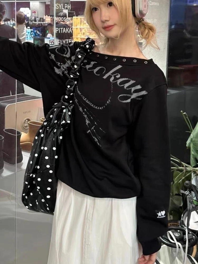 Y2k خمر تي شيرتات طويلة الأكمام الشارع الشهير المرأة عادية الشرير طباعة الأمريكية خمر علوي انحراف طوق ثقافة فرعية 2025 الخريف