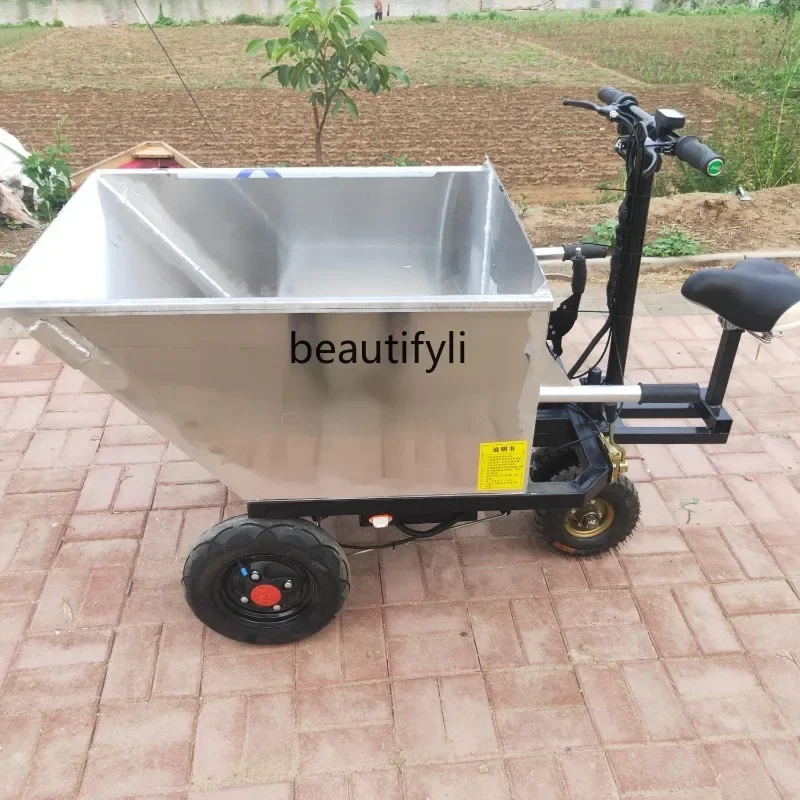 GY Electric Stainless Steel Breeding Manure Pulling Tricycle Upside down Donkey Pulling Feed Electric Trolley Gray Hopper