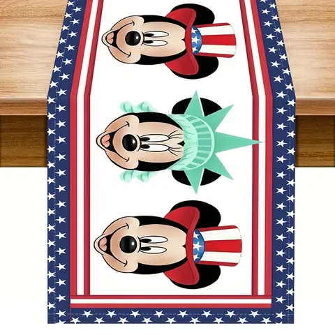 1 Piece Disney Mickey and Patriotic Table Runner - American Flag Design, Statue of Liberty, Red, White, and Blue - Suitable for Weddings, Parties, Indoor/Outdoor Dining