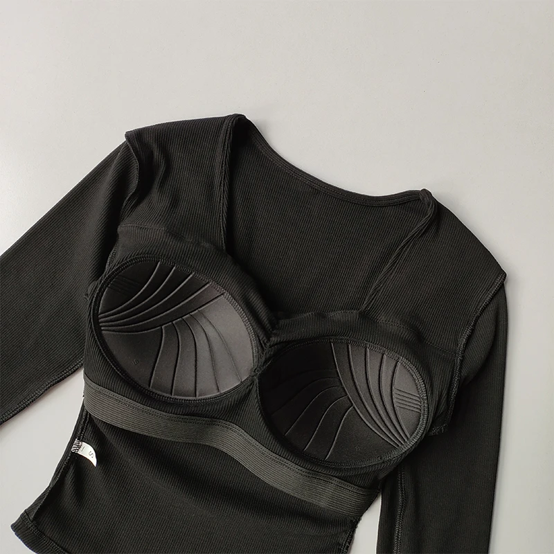 Herbst-Winter Französisches V-Ausschnitt Plissiertes Schnelltrocknendes Yoga-T-Shirt für Damen mit Eingebautem Brustpolster, Schlankmachendes Atmungsaktives Fitness-Unterhemd – Detail 10
