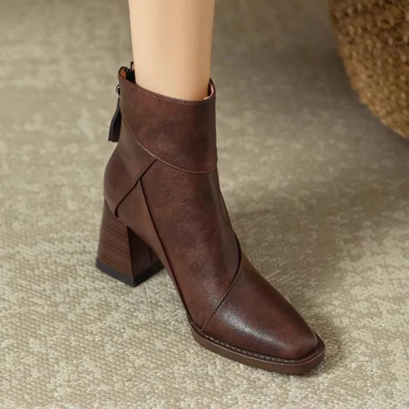 Retro Brown Women's Boots 2024 Autumn New High Heels British Style Small Square Head Thick Heel Zipper Women's Single Boots