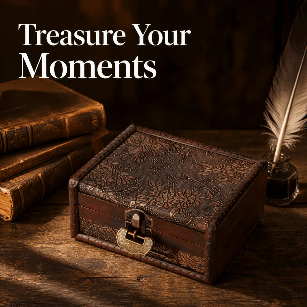 Vintage Treasure Chest Box Wooden Brown Keepsake Storage Box Lock and Key Hinged Lid Jewelry Box Desktop Keepsake Storage Decor