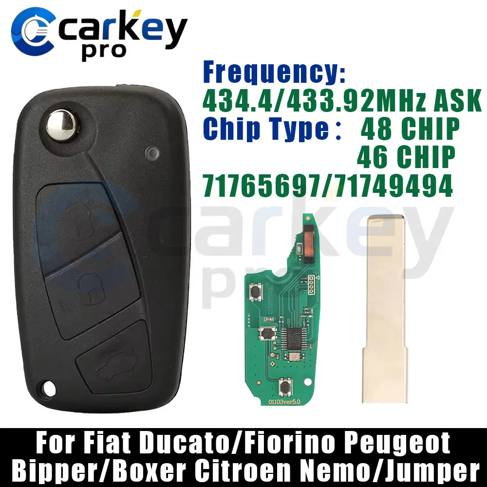 Carkeypro 3Buttons RemoteKey 433Mhz 71765697/71749494 For Fiat Ducato/Fiorino Peugeot Bipper/Boxer Citroen Nemo/Jumper 2007-2016