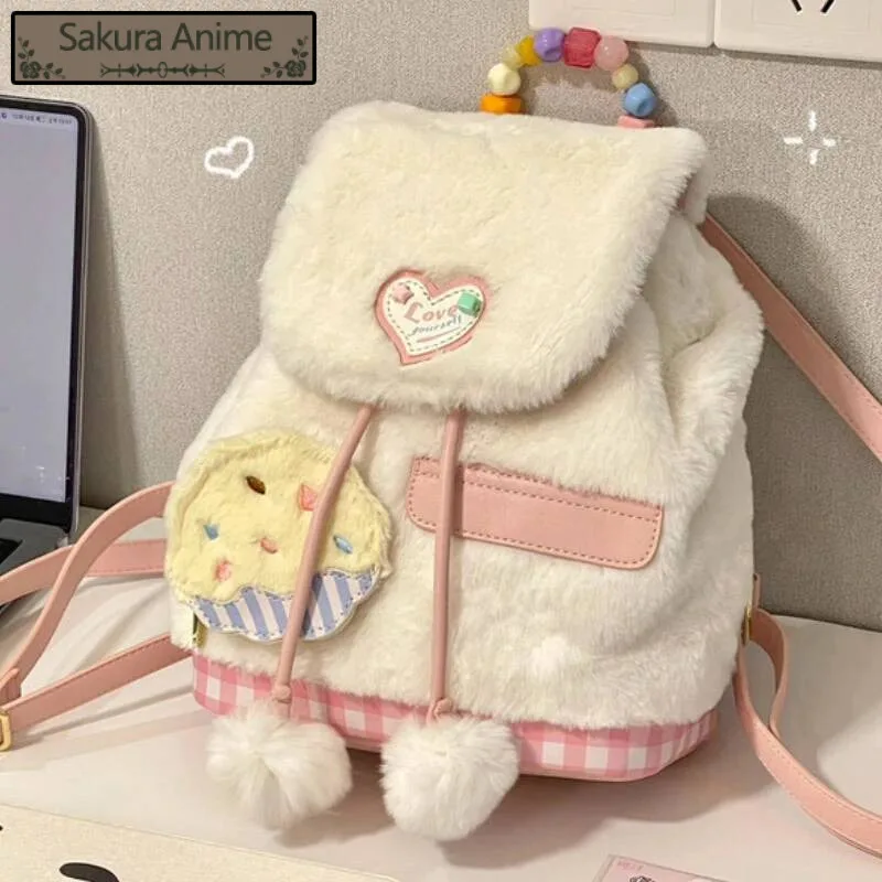 กระเป๋าเป้ขนปุยแฟชั่นน่ารักสไตล์คาวาอี้สำหรับผู้หญิง ปี 2025 เหมาะกับทุกโอกาส ใช้ได้ทั้งไปโรงเรียนและลำลอง  กระเป๋าเป้ขนเทียมสไตล์ Y2k