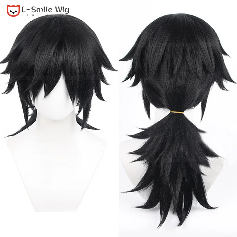 Anime Tomioka Giyuu peruka do Cosplay 60cm czarna Tomioka Giyuu Cosplay Anime peruki syntetyczne odporne na ciepło peruki na przyjęcie do włosów + czapka z peruką