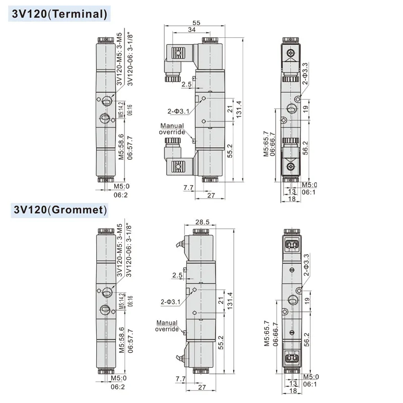 3V120-06 Pneumatic Air Solenoid Valve Two Position Three-Way AC220V DC24V DC12V AC110V AC24V Normally Closed Valve