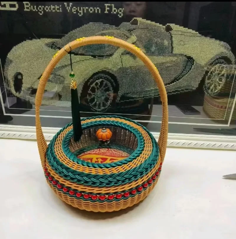 Luxurious handwoven rattan with lid storage in blue, high-end craftsmanship with handle gift in blue, elegant home decoration