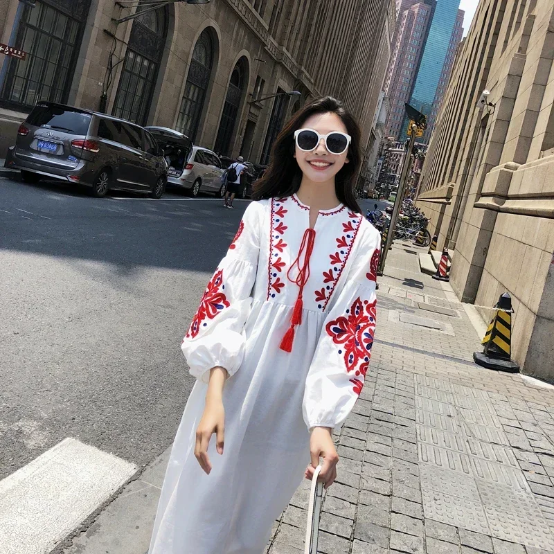 Women Autumn Dresses Bohemian Embroidered Flower O-Neck Lantern Sleeve High Waist Pleated Dress All-match Female Vestidos