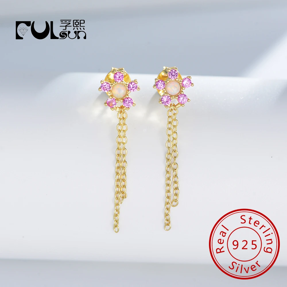 

Women Fashion 14K Gold Plated Color Zircon Flower Shape Long Bar Chain Dangle Tassel Earrings