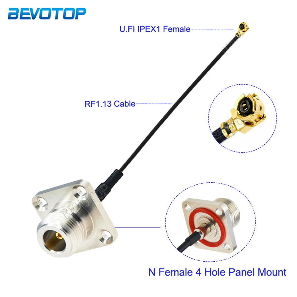 1Pcs RF1.13 N Female Panel 4 Holes to U.fl  1 Female RF RF113 Pigtail Coaxial Mini PCI WIFI WLAN Antenna Extension Cable