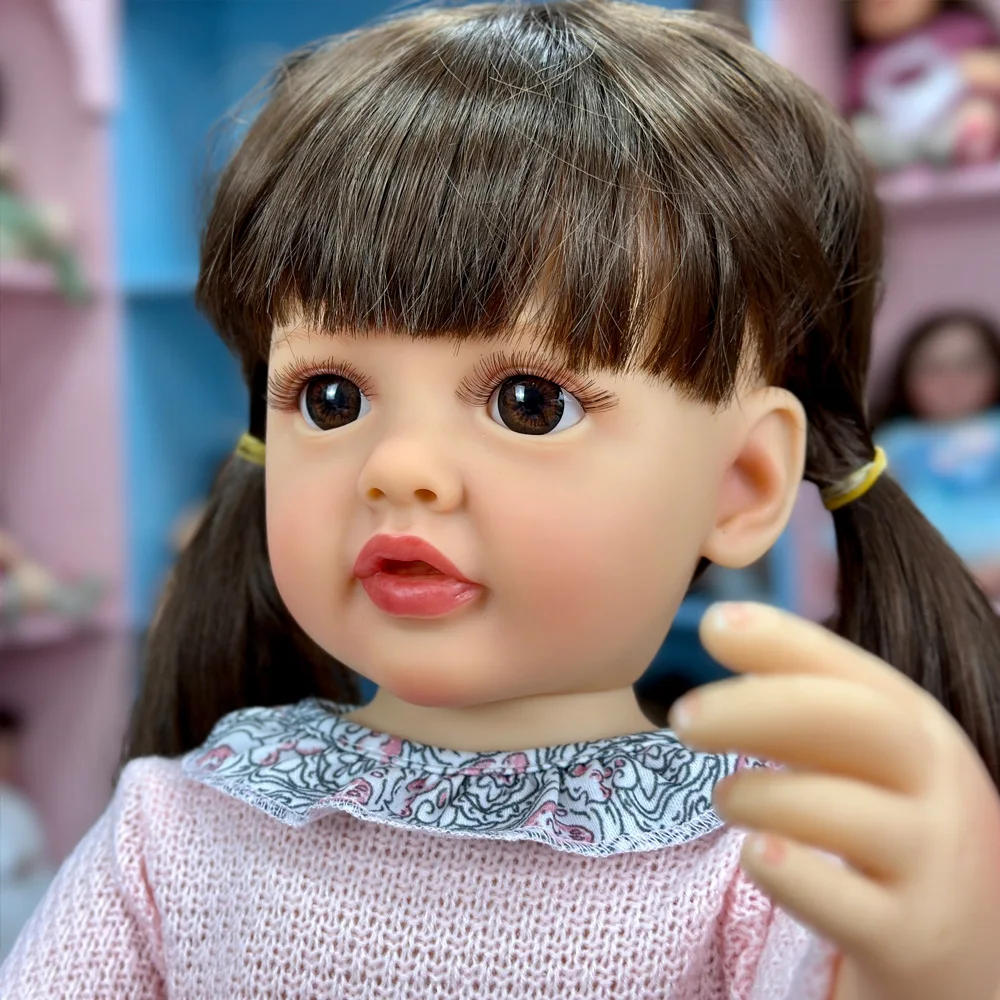 Muñeca Reborn Girl de vinilo de 22", edición coleccionable, expresión linda, cola de caballo larga y recta negra, vestido de princesa floral, poseable