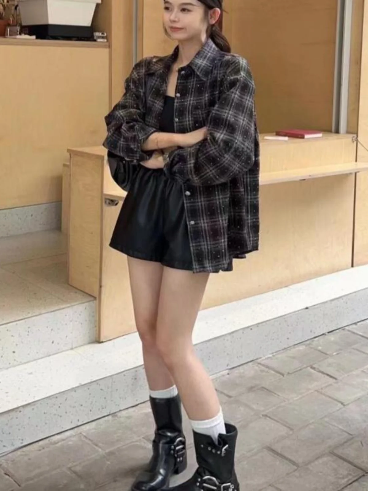 Retro casual xadrez irt design feminino alta reta longa sve topo coreano sle solto ajuste botão detalhe material de poliéster