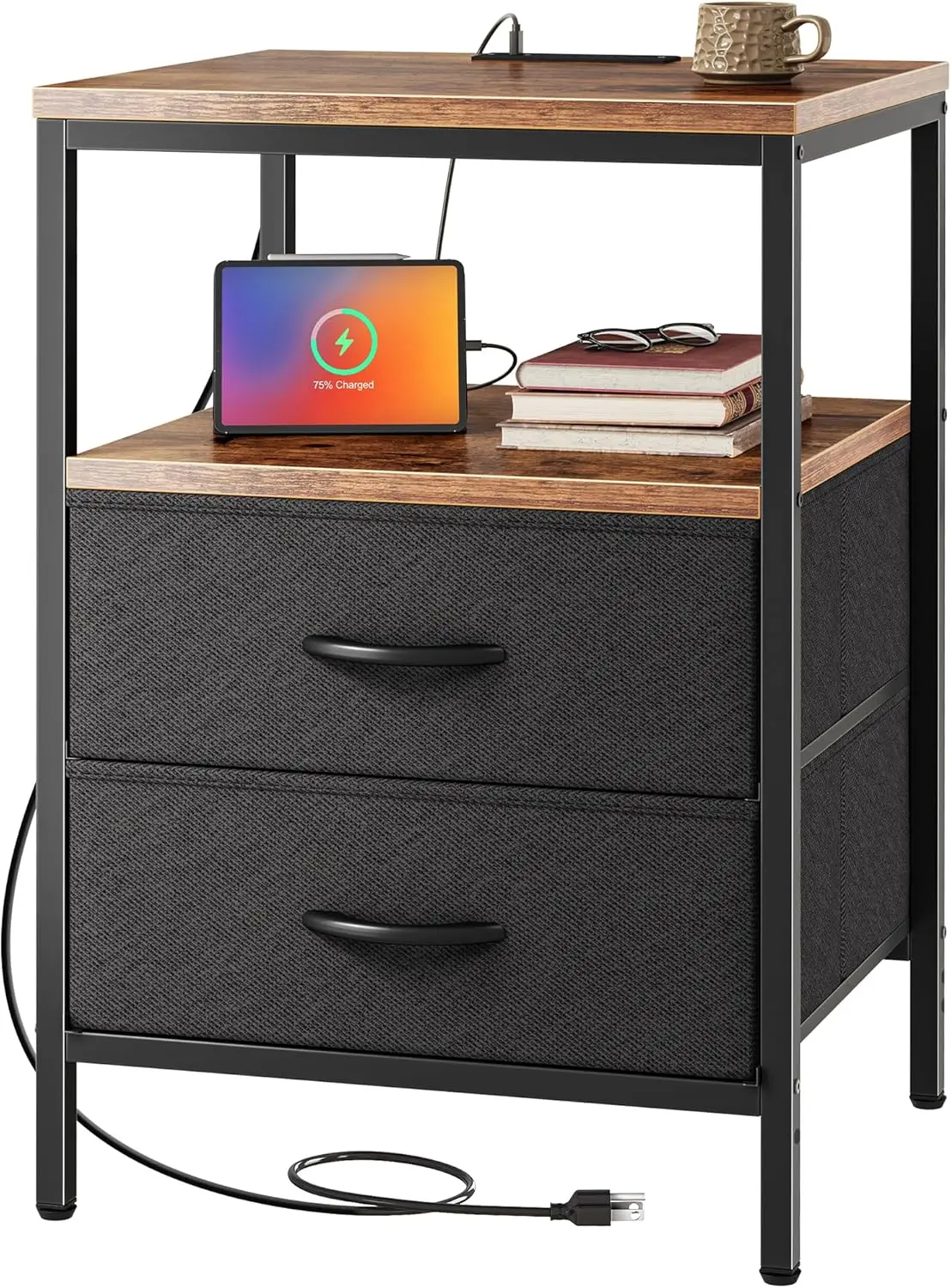 

27.7' Night Stand with 2 Fabric Drawers, Rustic Brown & Black Bed Side Table
