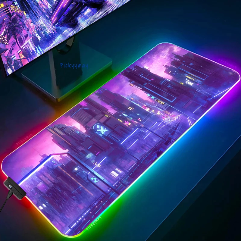 

City Neon RGB Mouse Pad Gaming Mousepads LED Lighting Mouse Mat Keyboard Mats Anti-slip Japan Mausepad XXL Laptop Rug Deskpads