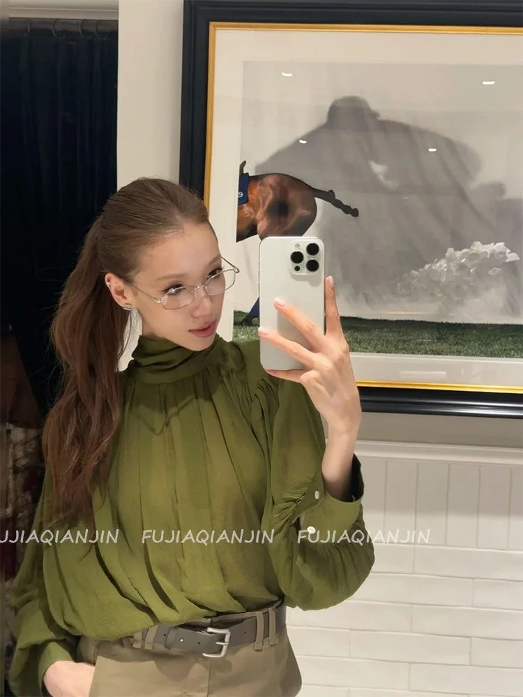 Real shot Women's French Vintage Green Tie Neck Long Sleeve Blouse Autumn Elegant Chic Loose Slimming Versatile Unique Top Fashi