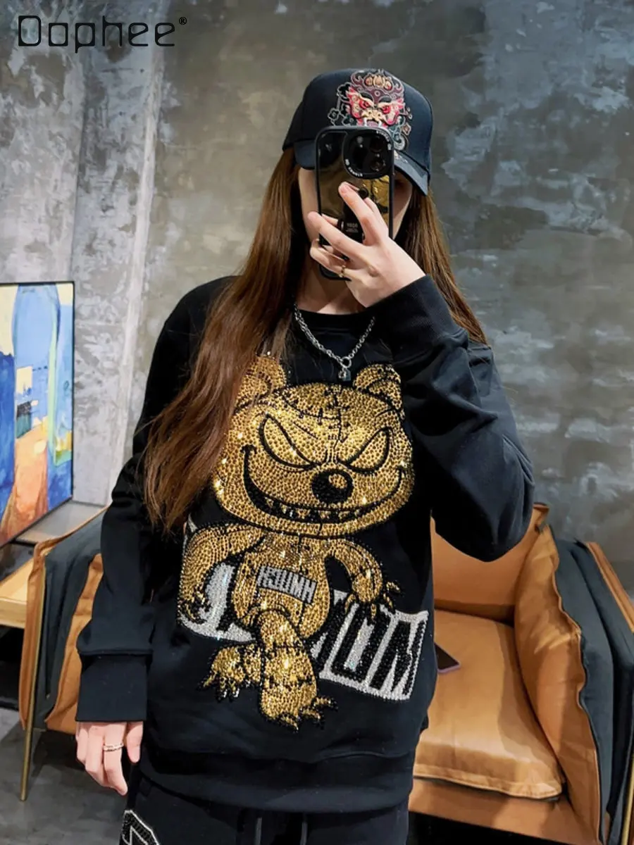 

Spring Fashion Brand Sweatshirts Rhinestone Cartoon Bear Gold Diamand Black Top Women's Round Neck Long Sleeve Pullover Hoodies