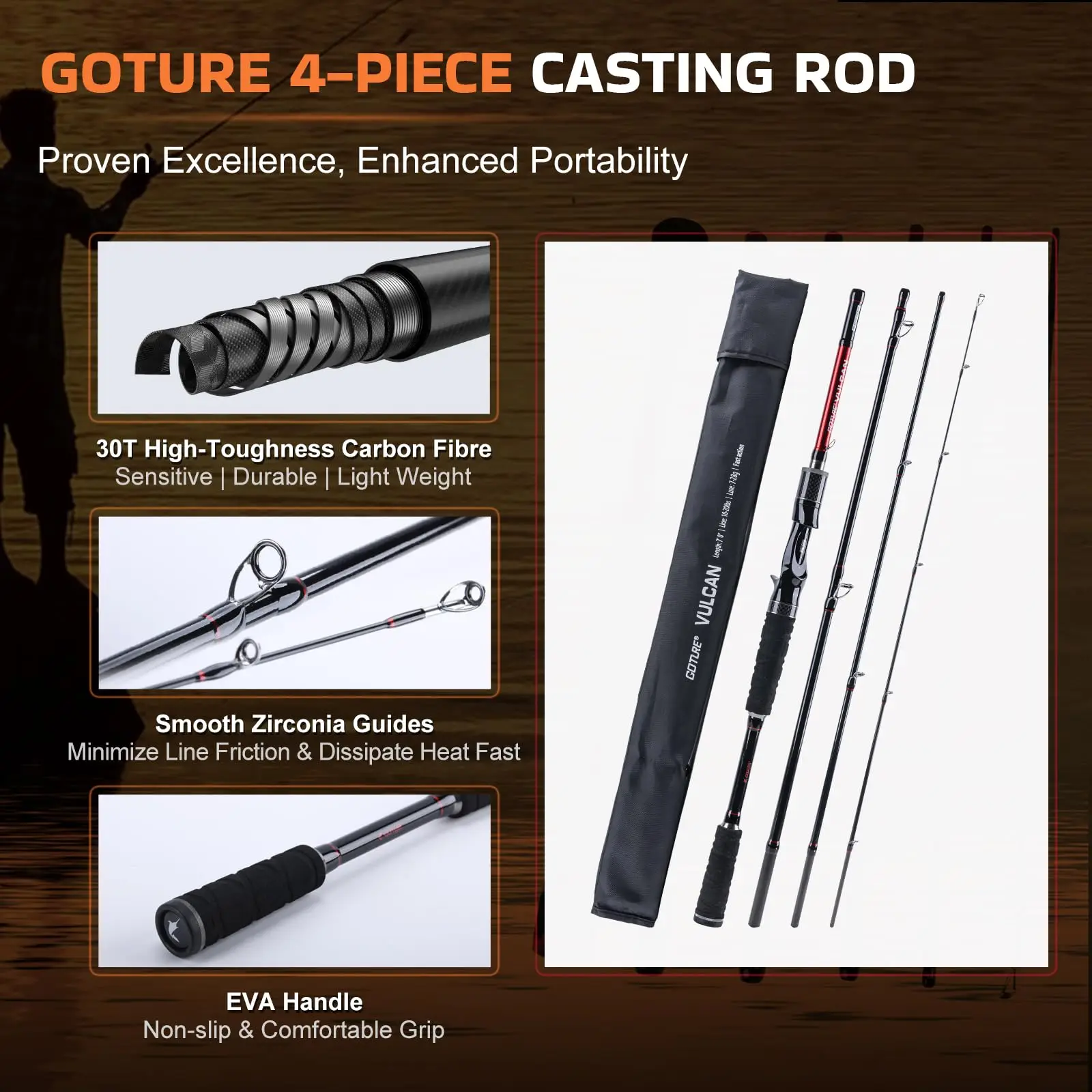 Goture Baitcasting Fishing Rod and Reel Combo,Carbon Fiber 4-Piece Casting Rod with Baitcaster Reel,Full Fishing Accessories Kit