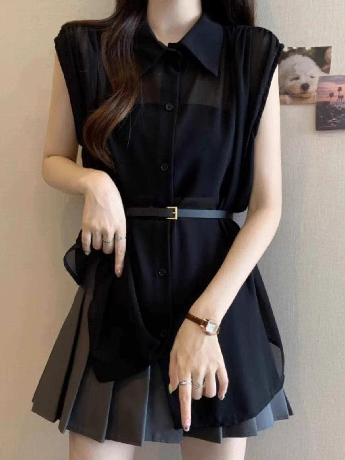 

Bla Svel Midi irt Women Summer plus Size Fat MM Belly Covering Waist Cinched Chiffon Top Korean Sle Collar