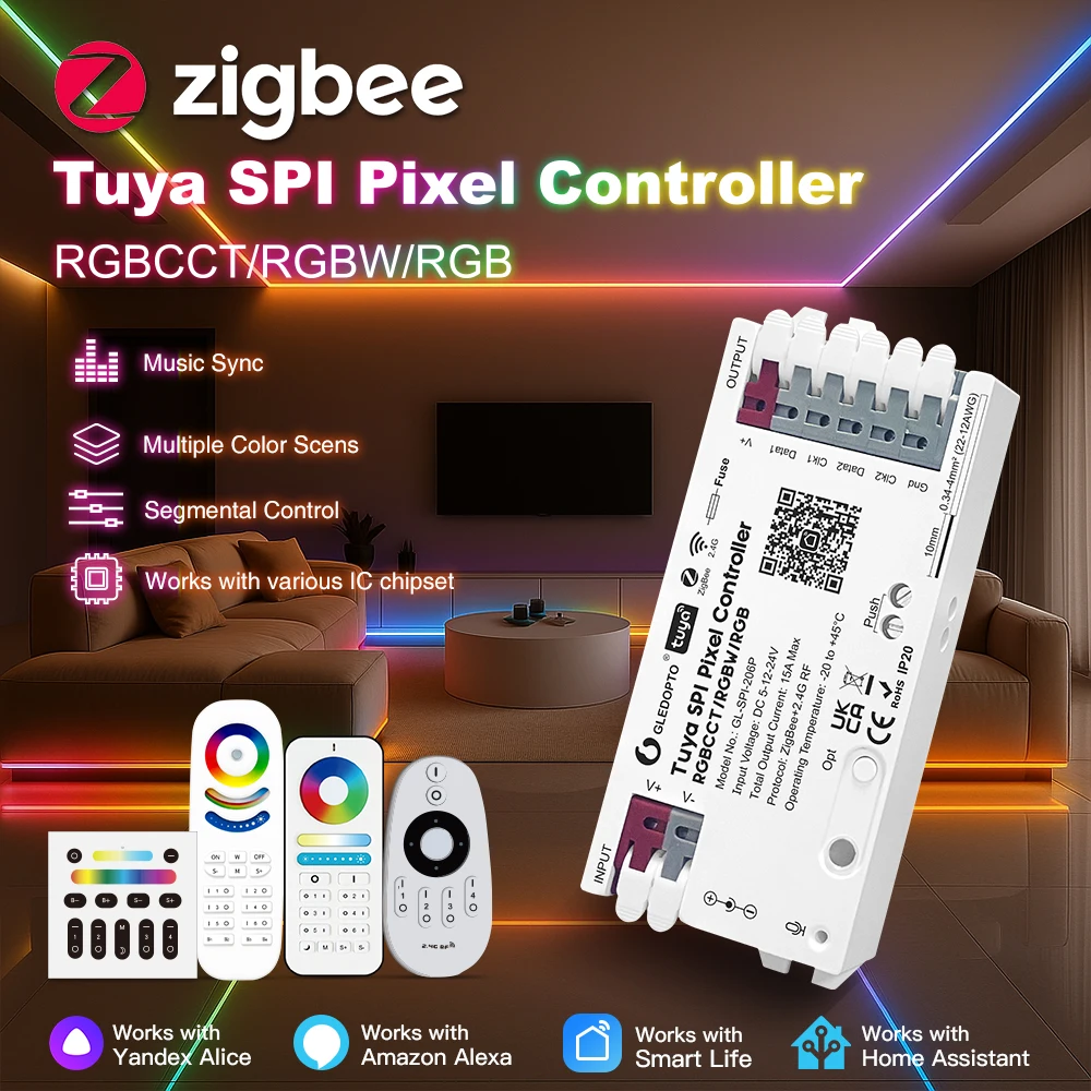 ZigBee Tuya SPI Pixel RGB RGBW LED Strip Light Controller Smart Life APP Control Dynamic Static Mode Music Sound Timer Schedule