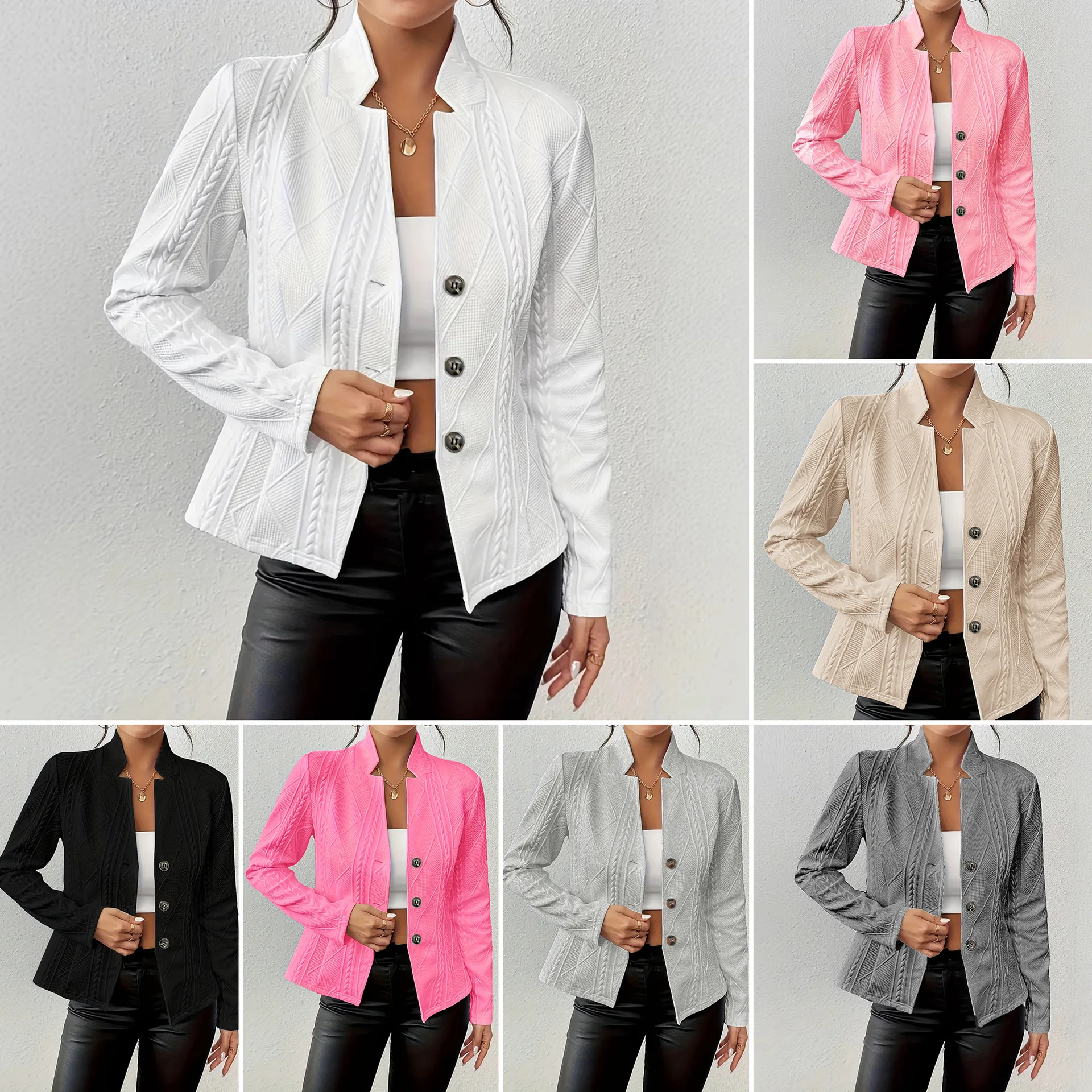 

Womens Blazer Button Patterned Jackets Fashion Full Sleeve Commuting Stand Collar Open Leisure Cardigan OL Short Suits Outerwear