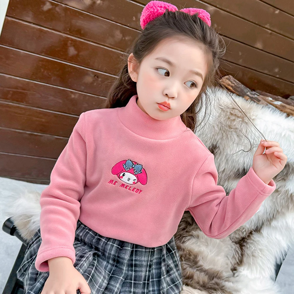 Winter Autumn Kuromi Melody Kids High Neck Base Shirt Kawaii Anime Sanrios White Fleece Pullovers Thicken Warm T-Shirt Fashion