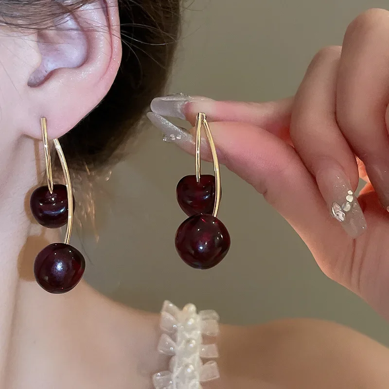 Fresh Sweet Double Red Cherry Earrings for Women Cute Fruit Drop Earrings Unique Design Wedding Party Ear Jewelry Gifts