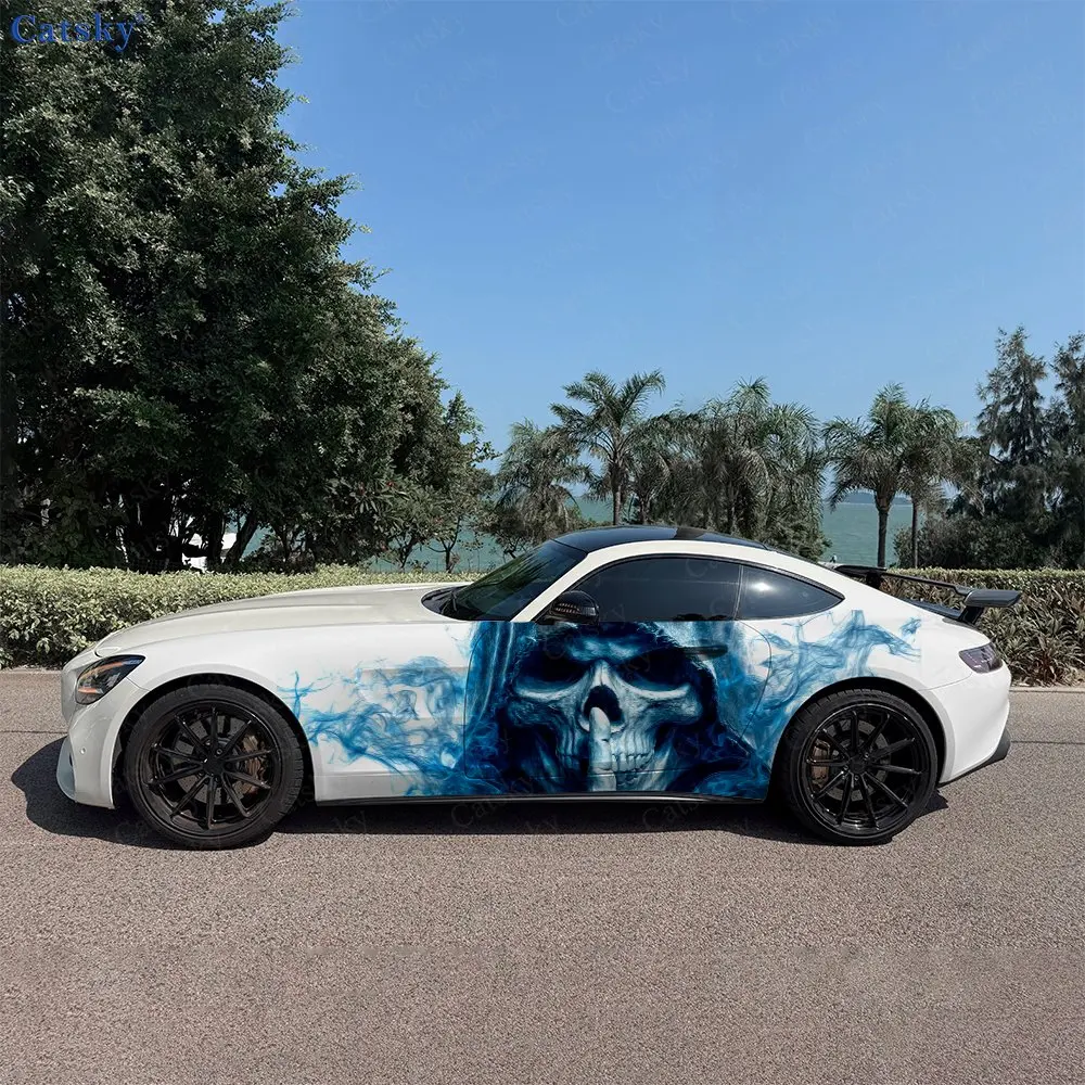 2pcs Blue Smoke Silent Skull Car Side Wraps, Self-Adhesive PVC Waterproof & Scratch-Resistant Stickers, Car Accessory Gift